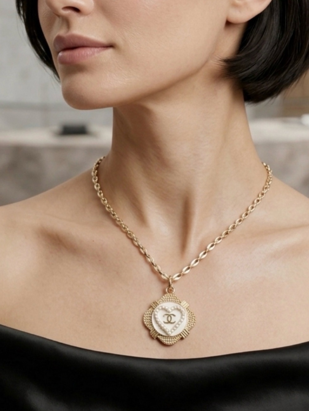 18” gold  Plated White & Gold Chain Necklace with CC Logo Charm